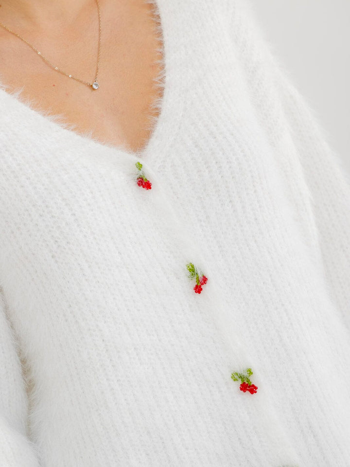 WOMEN'S LONG SLEEVE BUTTON UP CHERRY DETAILED FUZZY SWEATER
