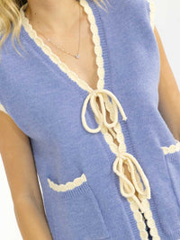 WOMEN'S SLEEVELESS FRONT TIE POCKETS SWEATER TOP