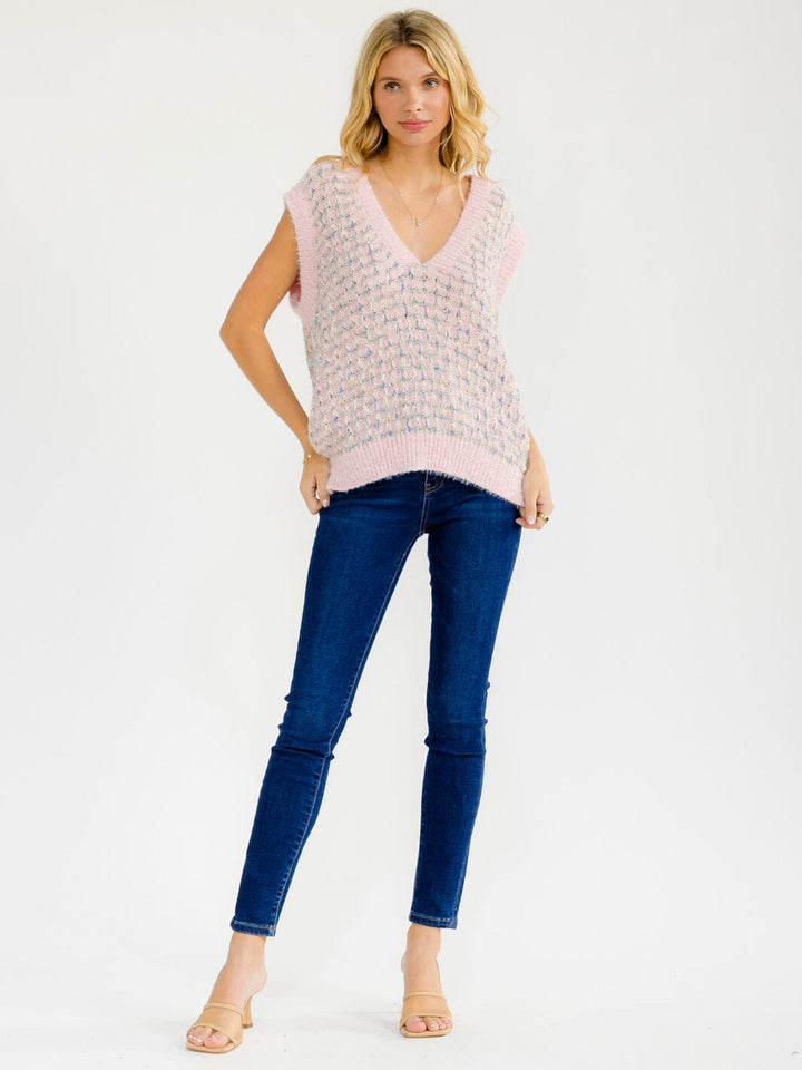 WOMEN'S SLEEVELESS V-NECK SHIMMER SWEATER TOP