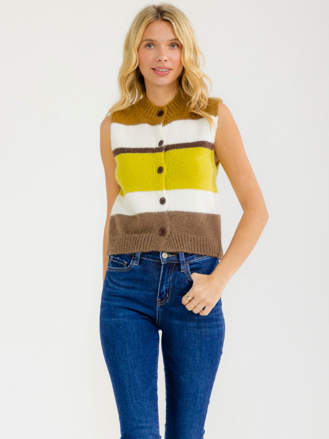 WOMEN'S SLEEVELESS BUTTON UP STRIPES COLORBLOCK SWEATER TOP