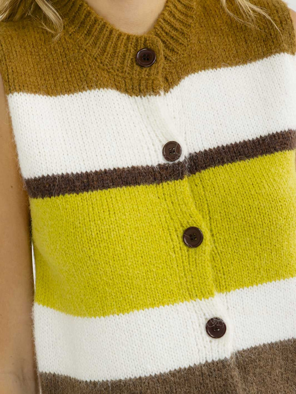 WOMEN'S SLEEVELESS BUTTON UP STRIPES COLORBLOCK SWEATER TOP