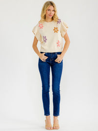 WOMEN'S SHORT RUFFLE SLEEVE FLOWER PRINT BLOUSE