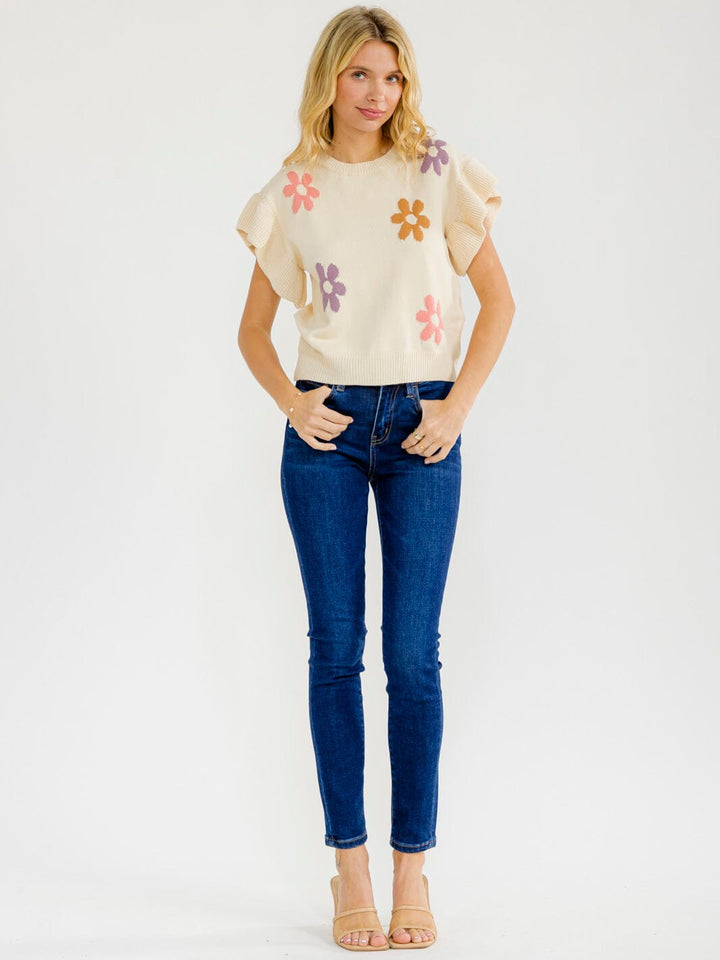 WOMEN'S SHORT RUFFLE SLEEVE FLOWER PRINT BLOUSE