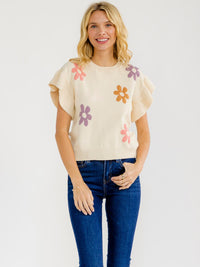 WOMEN'S SHORT RUFFLE SLEEVE FLOWER PRINT BLOUSE