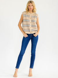 WOMEN'S SLEEVELESS BUTTON UP STRIPES COLORBLOCK SWEATER TOP