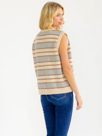 WOMEN'S SLEEVELESS BUTTON UP STRIPES COLORBLOCK SWEATER TOP