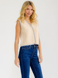 WOMEN'S SLEEVELESS BUTTON UP TRIM DETAILED SWEATER TOP