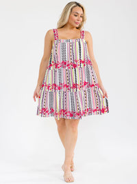 PLUS SIZE SLEEVELESS SQUARE NECK EMBROIDERY FLORAL MULTI TIERED MINI DRESS