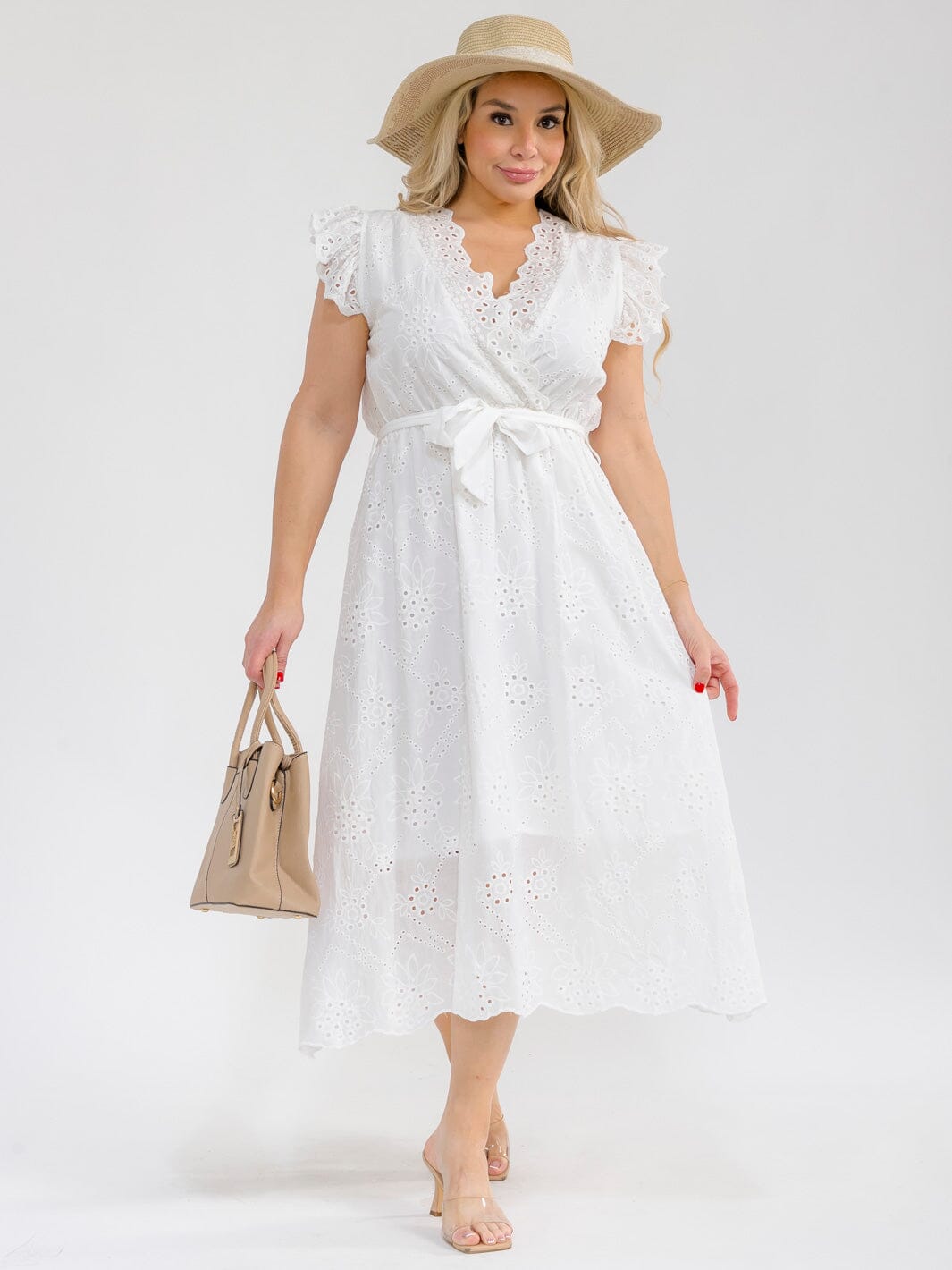 PLUS SIZE RUFFLE SLEEVE SURPLICE ELASTIC WAIST EYELET MAXI DRESS