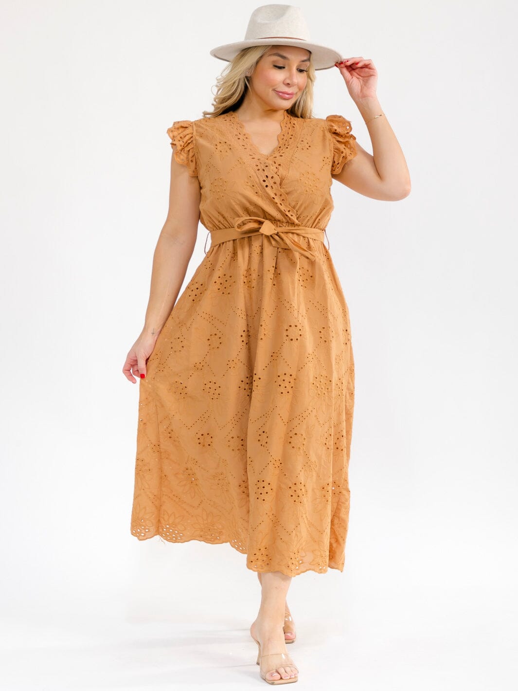 PLUS SIZE RUFFLE SLEEVE SURPLICE ELASTIC WAIST EYELET MAXI DRESS