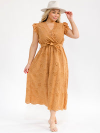 PLUS SIZE RUFFLE SLEEVE SURPLICE ELASTIC WAIST EYELET MAXI DRESS