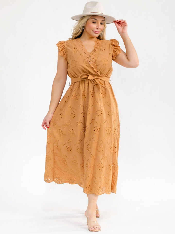 PLUS SIZE RUFFLE SLEEVE SURPLICE ELASTIC WAIST EYELET MAXI DRESS