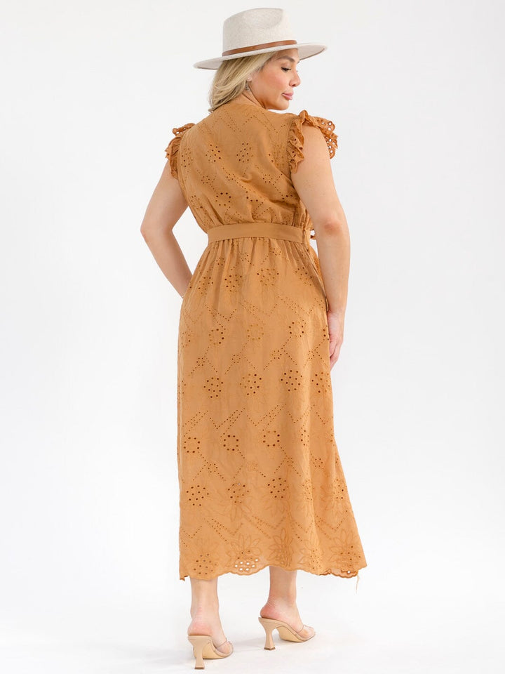 PLUS SIZE RUFFLE SLEEVE SURPLICE ELASTIC WAIST EYELET MAXI DRESS