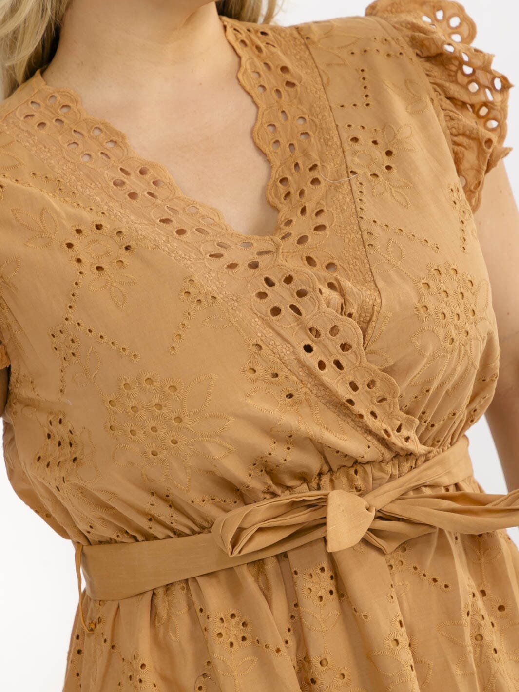 PLUS SIZE RUFFLE SLEEVE SURPLICE ELASTIC WAIST EYELET MAXI DRESS