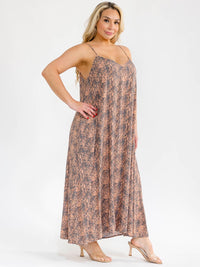 PLUS SIZE SLEEVELESS V-NECK FRONT POCKETS SNAKE PRINT MAXI DRESS