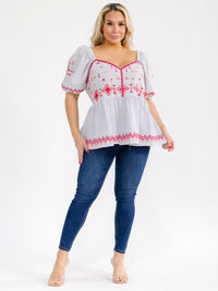 PLUS SIZE SHORT SLEEVE V-NECK STRIPES EMBROIDERY BLOUSE