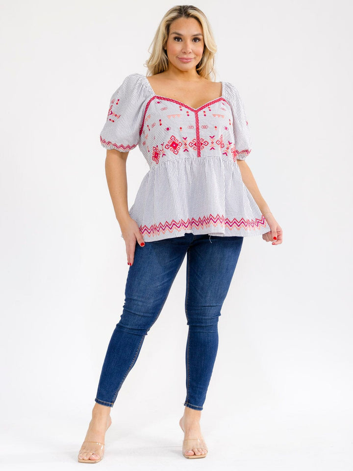 PLUS SIZE SHORT SLEEVE V-NECK STRIPES EMBROIDERY BLOUSE