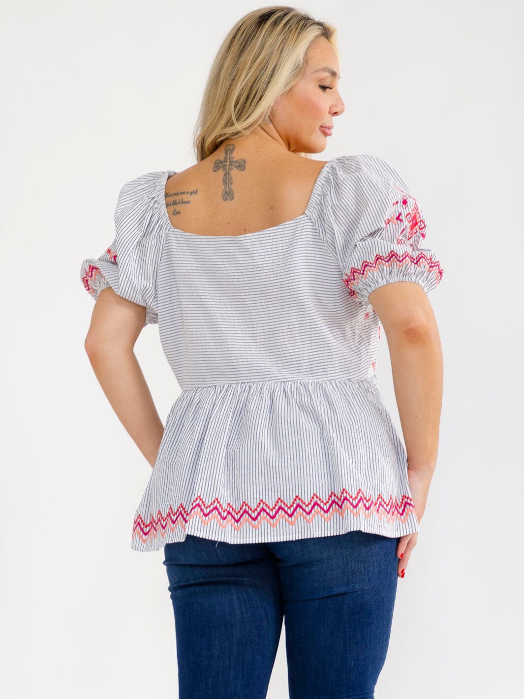 PLUS SIZE SHORT SLEEVE V-NECK STRIPES EMBROIDERY BLOUSE