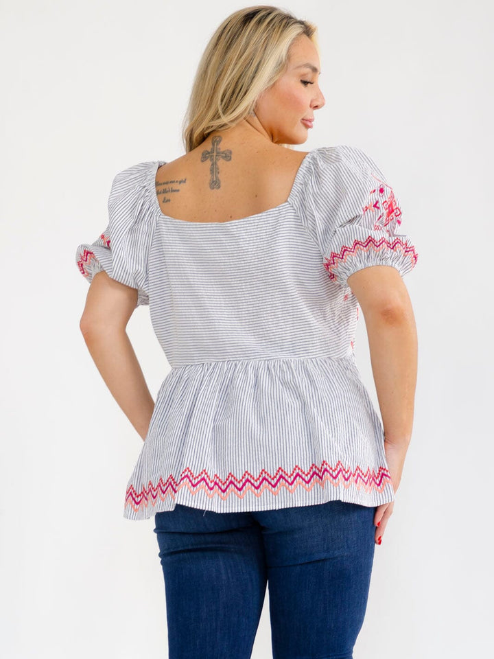 PLUS SIZE SHORT SLEEVE V-NECK STRIPES EMBROIDERY BLOUSE