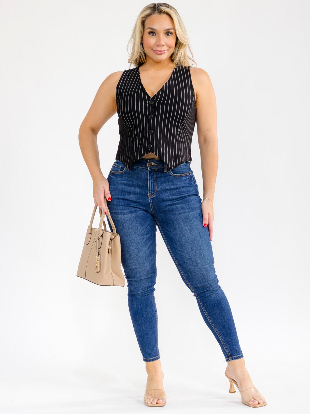 PLUS SIZE SLEEVELESS V-NECK BUTTON UP STRIPES VEST
