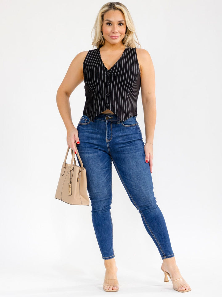 PLUS SIZE SLEEVELESS V-NECK BUTTON UP STRIPES VEST