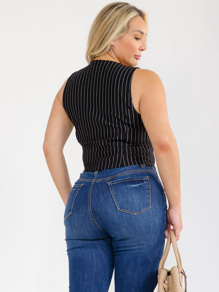 PLUS SIZE SLEEVELESS V-NECK BUTTON UP STRIPES VEST