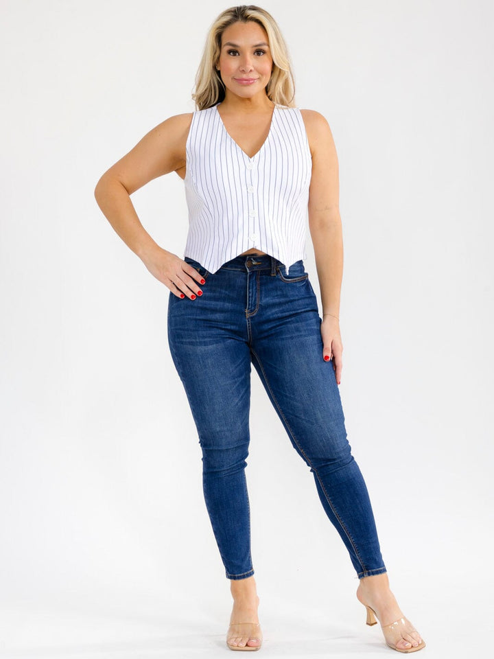 PLUS SIZE SLEEVELESS V-NECK BUTTON UP STRIPES VEST