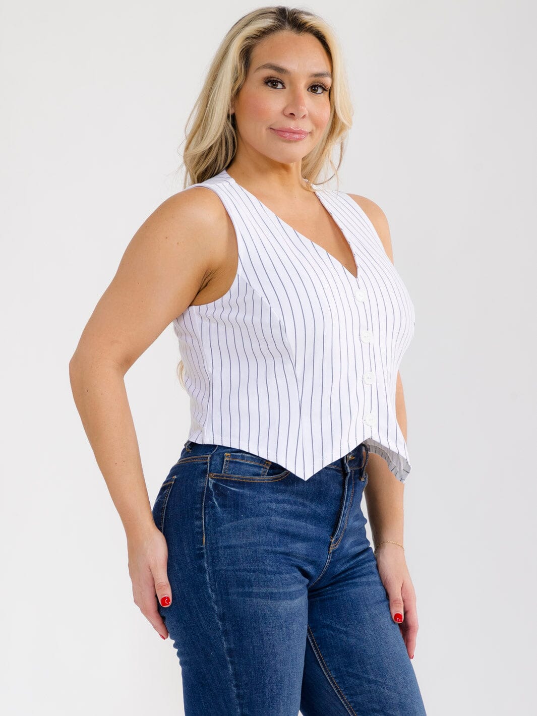 PLUS SIZE SLEEVELESS V-NECK BUTTON UP STRIPES VEST