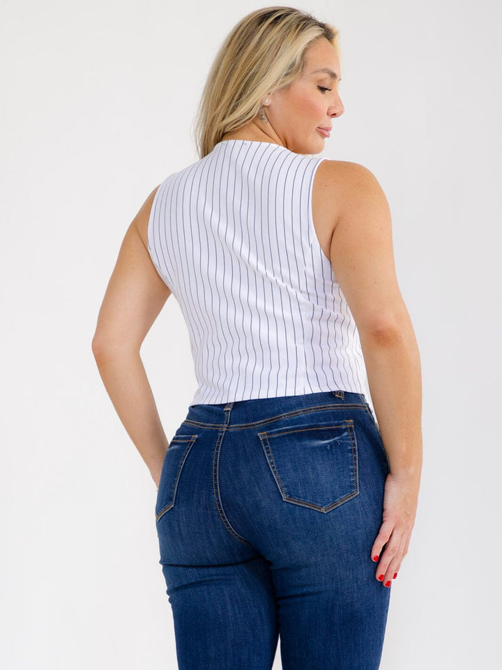 PLUS SIZE SLEEVELESS V-NECK BUTTON UP STRIPES VEST