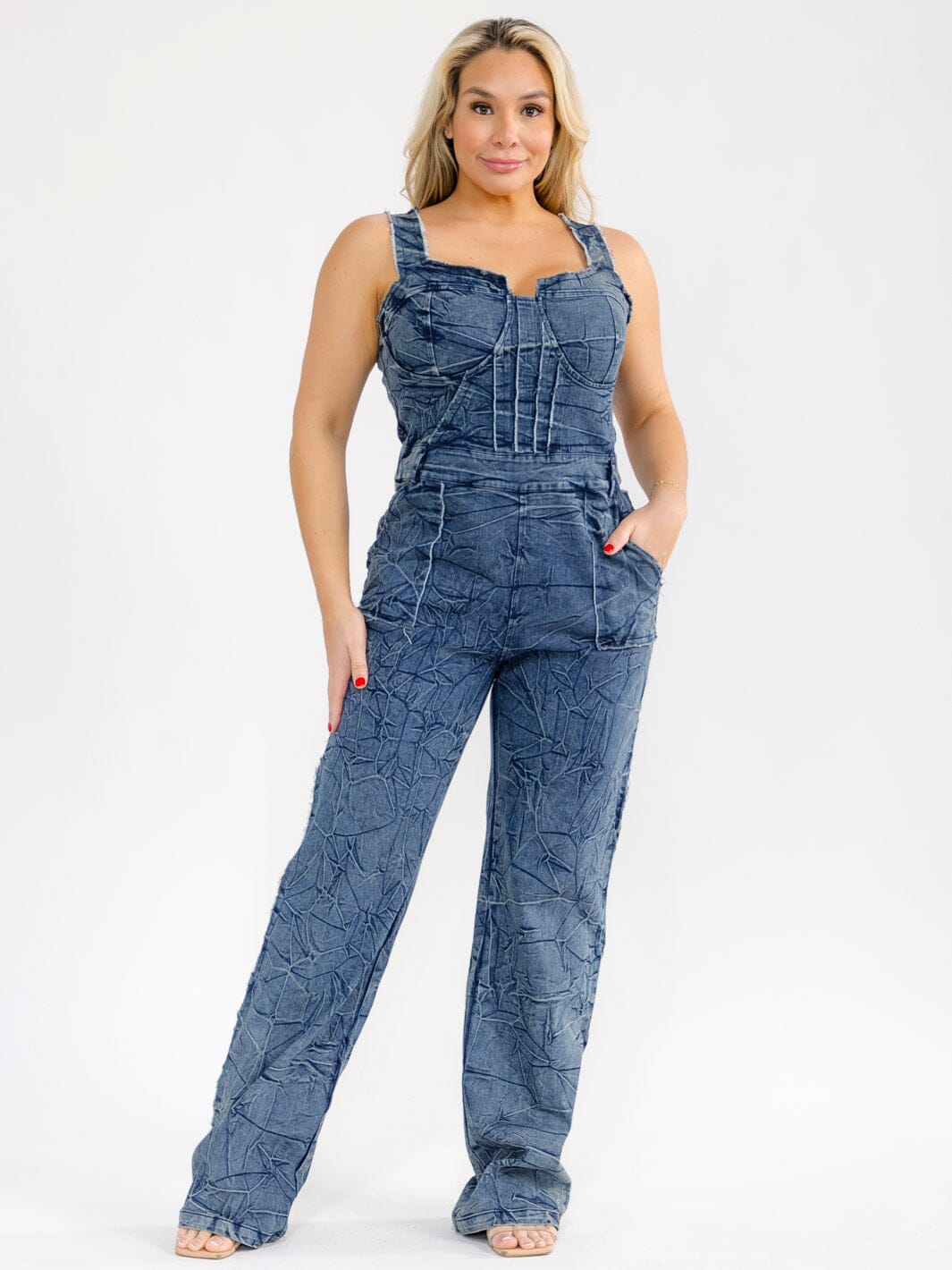 PLUS SIZE SLEEVELESS POCKETS STRAIGHT LEG STRETCH DENIM WASHED JUMSUIT