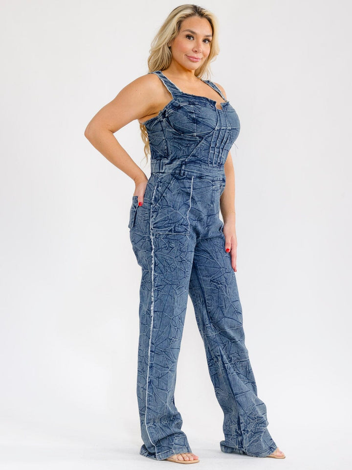 PLUS SIZE SLEEVELESS POCKETS STRAIGHT LEG STRETCH DENIM WASHED JUMSUIT