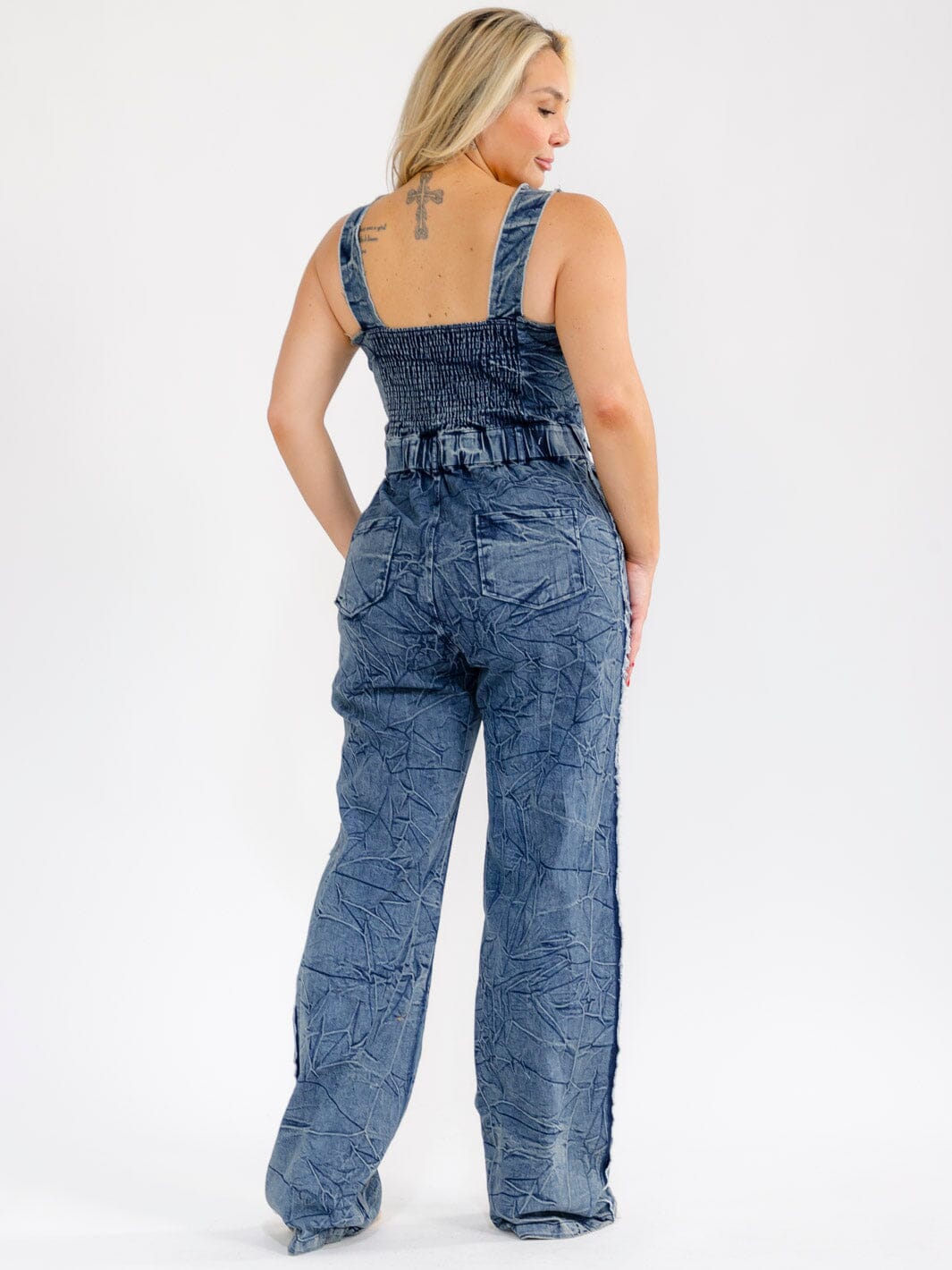 PLUS SIZE SLEEVELESS POCKETS STRAIGHT LEG STRETCH DENIM WASHED JUMSUIT