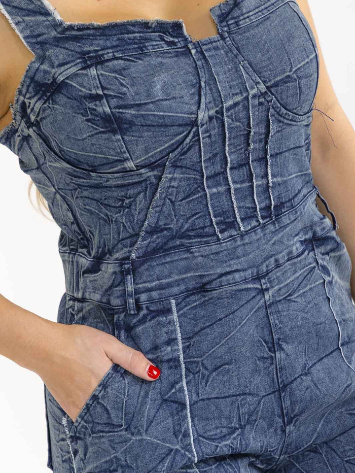 PLUS SIZE SLEEVELESS POCKETS STRAIGHT LEG STRETCH DENIM WASHED JUMSUIT
