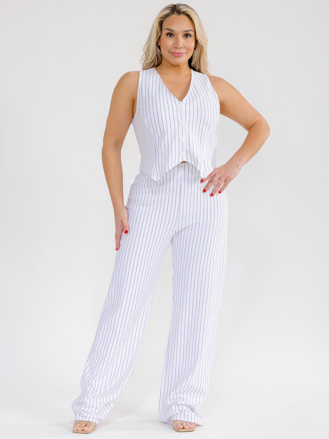 PLUS SIZE SLEEVELESS BUTTON UP VEST & ZIP UP WIDE LEG PANTS STRIPES 2PC.SET