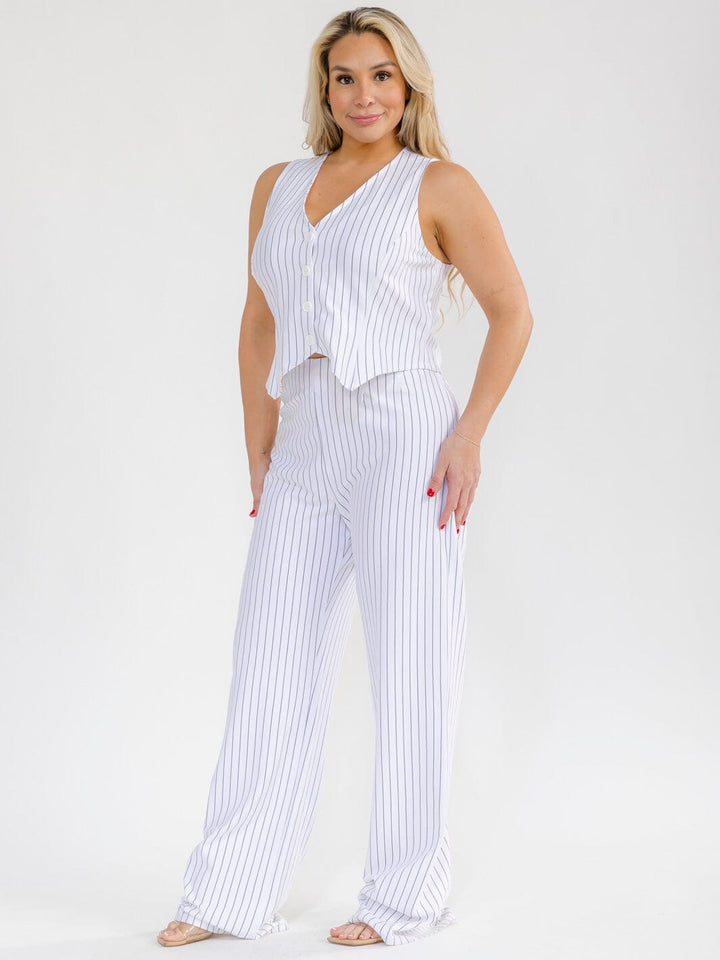 PLUS SIZE SLEEVELESS BUTTON UP VEST & ZIP UP WIDE LEG PANTS STRIPES 2PC.SET