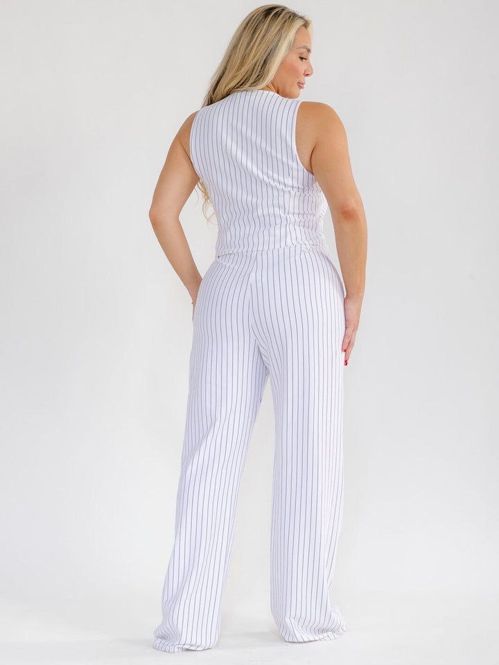 PLUS SIZE SLEEVELESS BUTTON UP VEST & ZIP UP WIDE LEG PANTS STRIPES 2PC.SET