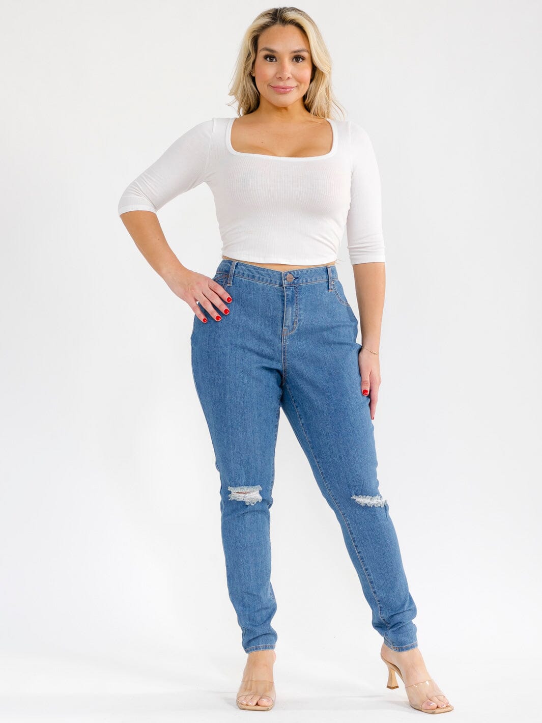 PLUS SIZE BUTTON CLOSURE POCKETS DISTRESS SKINNY LEG STRETCH DENIM PANTS