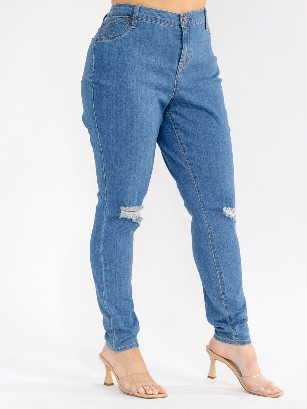 PLUS SIZE BUTTON CLOSURE POCKETS DISTRESS SKINNY LEG STRETCH DENIM PANTS