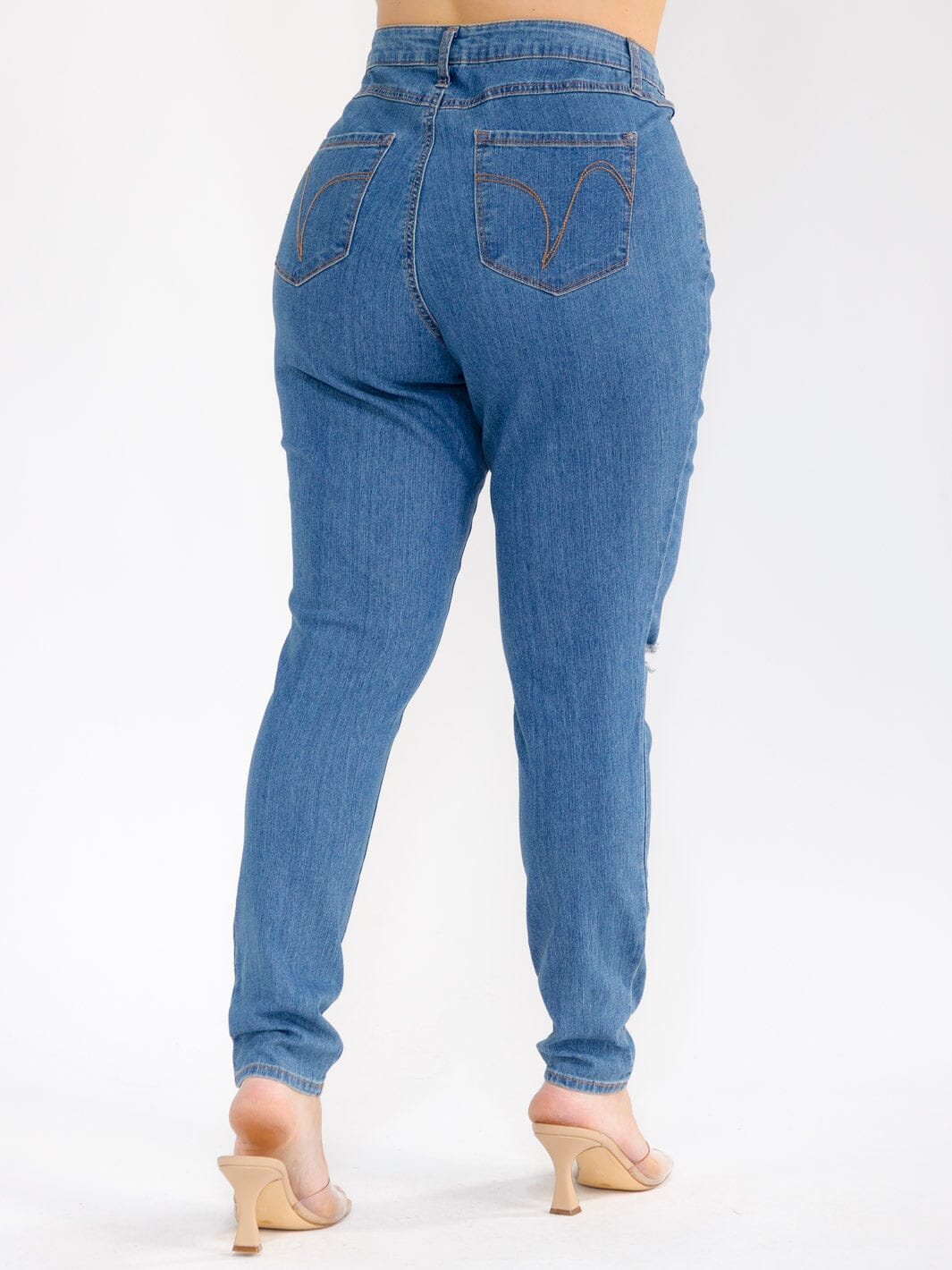 PLUS SIZE BUTTON CLOSURE POCKETS DISTRESS SKINNY LEG STRETCH DENIM PANTS