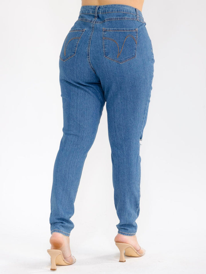 PLUS SIZE BUTTON CLOSURE POCKETS DISTRESS SKINNY LEG STRETCH DENIM PANTS