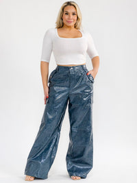 PLUS SIZE BUTTON CLOSURE POCKETS WIDE LEG PU PLEATHER PANTS