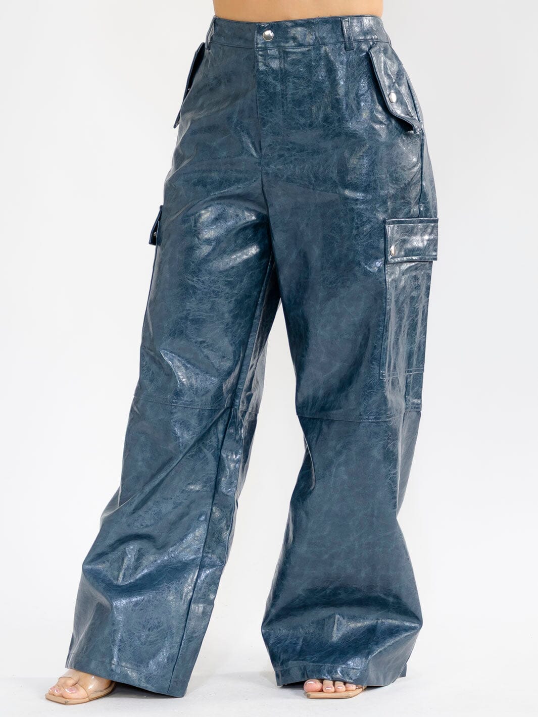 PLUS SIZE BUTTON CLOSURE POCKETS WIDE LEG PU PLEATHER PANTS