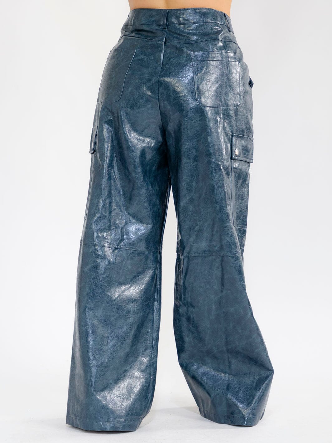 PLUS SIZE BUTTON CLOSURE POCKETS WIDE LEG PU PLEATHER PANTS