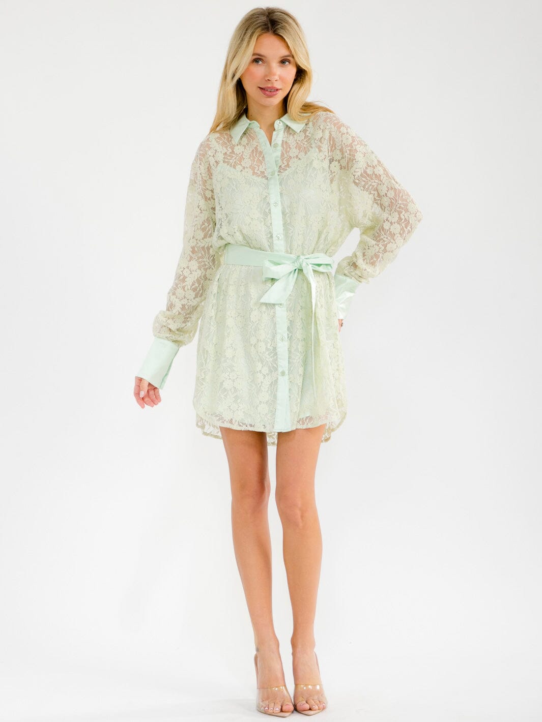 WOMEN'S LONG SLEEVE BUTTON UP LACE WITH SATIN INNER MINI DRESS