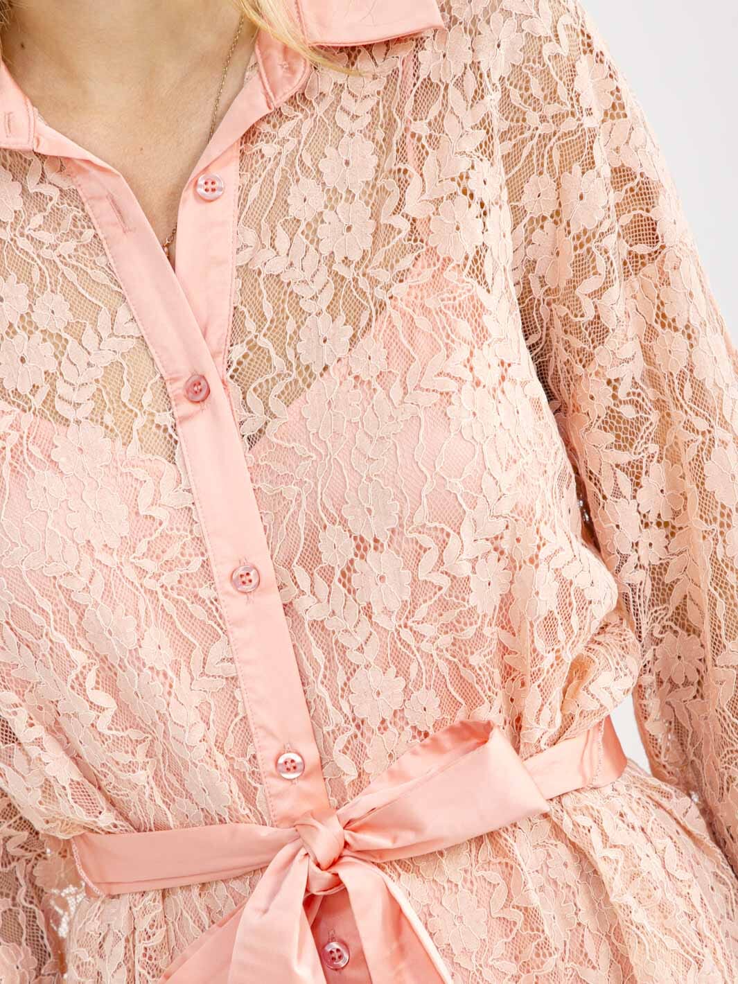 WOMEN'S LONG SLEEVE BUTTON UP LACE WITH SATIN INNER MINI DRESS