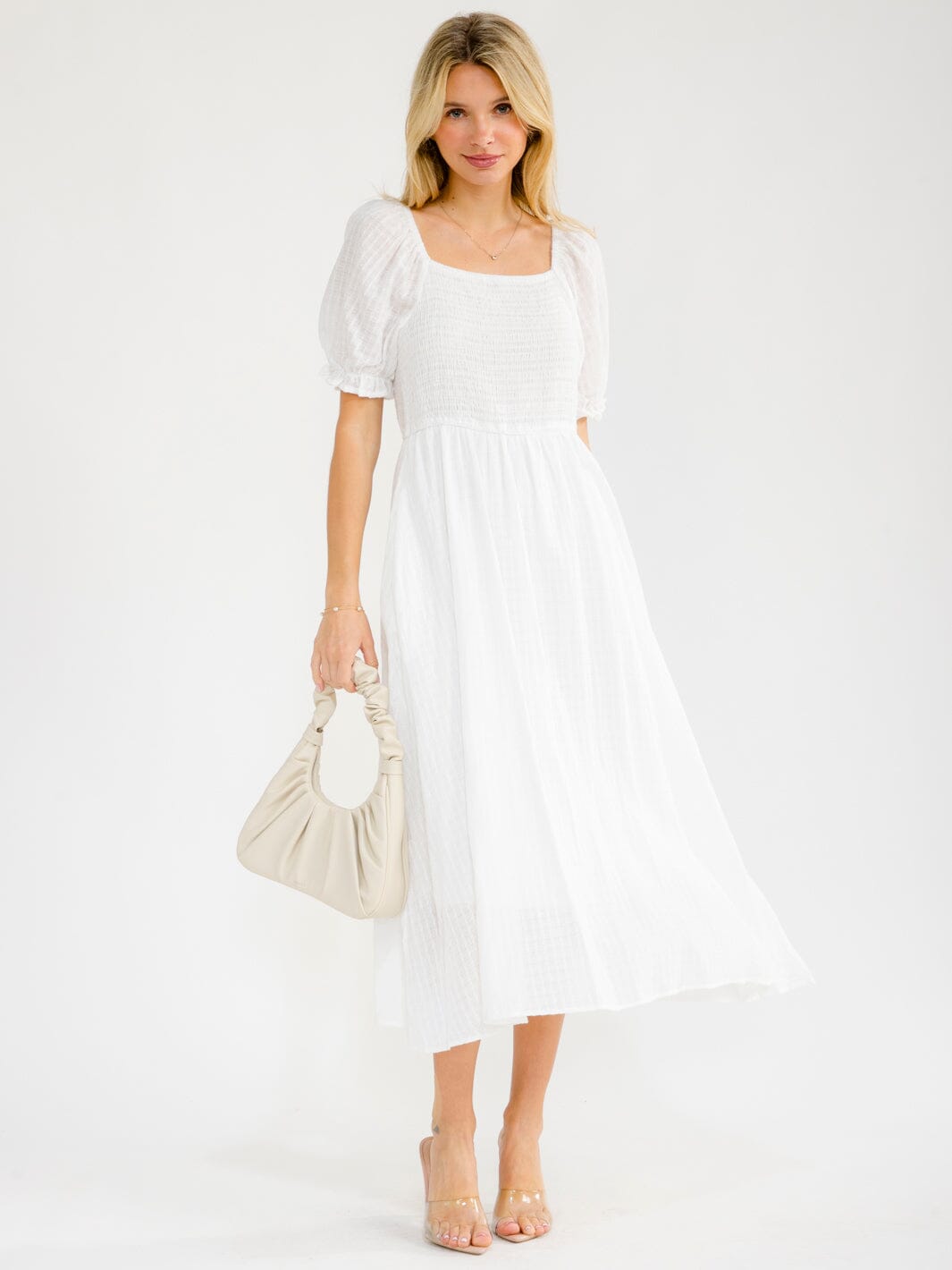 WOMEN'S SHORT PUFF SLEEVE SQUARE NECK SMOCK TIERED MAXI DRESS