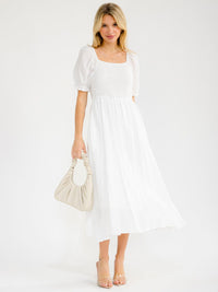 WOMEN'S SHORT PUFF SLEEVE SQUARE NECK SMOCK TIERED MAXI DRESS