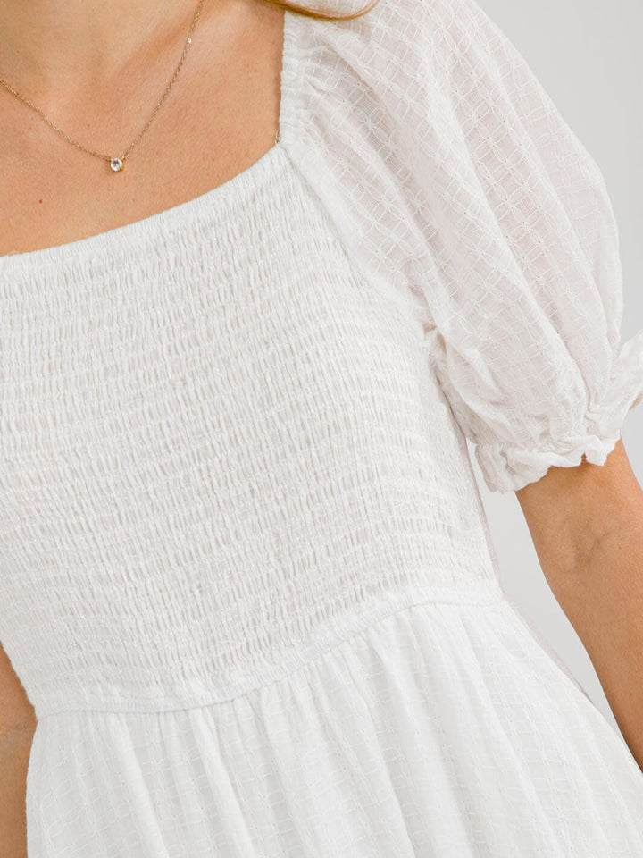 WOMEN'S SHORT PUFF SLEEVE SQUARE NECK SMOCK TIERED MAXI DRESS