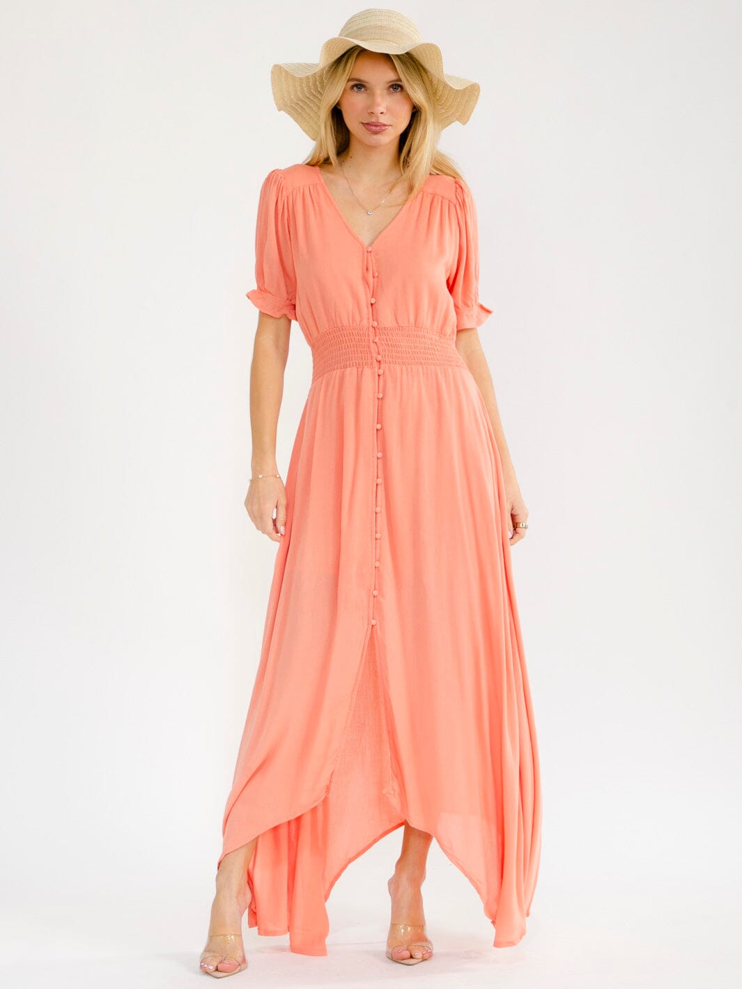 WOMEN'S SHORT SLEEVE V-NECK BUTTON UP SMOCK WAIST MAXI DRESS