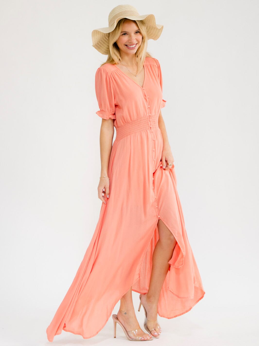 WOMEN'S SHORT SLEEVE V-NECK BUTTON UP SMOCK WAIST MAXI DRESS